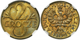 2 grosze 1923 - NGC MS64 Menniczy egzemplarz z połyskiem. Piękny żółty kolor. Atrakcyjna nota od NGC.&nbsp;&nbsp; Reference: Parchimowicz 102a
Grade:...