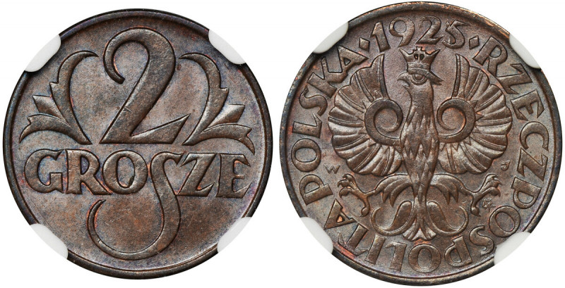 2 grosze 1925 - NGC MS65 BN Atrakcyjny egzemplarz z pięknym połyskiem. Kolor brą...