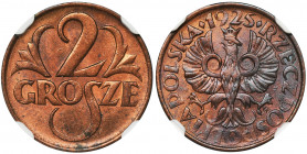 2 grosze 1925 - NGC MS64 RB Menniczy egzemplarz. Kolor czerwonobrązowy ze zdecydowaną przewagę czerwieni.&nbsp; Reference: Parchimowicz 102b
Grade: N...