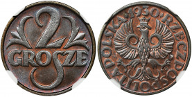 2 grosze 1930 - NGC MS66 BN - RARE Piękny egzemplarz rzadkiego rocznika. Kolor brązowy.&nbsp; Druga najwyższa nota w rejestrze NGC, jedynie trzy sztuk...