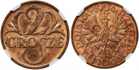 2 grosze 1934 - NGC MS64 RD - RZADKIE Rzadki rocznik w niezwykle rzadkiej i cenionej odmianie kolorystycznej RD.&nbsp; Menniczy egzemplarz z głębokim ...