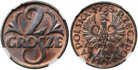 2 grosze 1935 - NGC MS65 RB Menniczy egzemplarz w kolorze czerwonobrązowym.&nbsp; Druga najwyższa ocena dla tej barwy. Reference: Parchimowicz 102j
G...