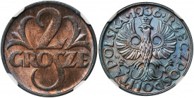 2 grosze 1936 - NGC MS66 RB Menniczy egzemplarz z intensywnym, głębokim lustrem. Piękny kolor czerwonobrązowy.&nbsp; Druga najwyższa nota w rejestrze ...