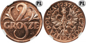 2 grosze 1937 - NGC MS65 RD PL - JAK LUSTRZANKA - RZADKIE Egzemplarz wybity świeżym stemplem z efektem lustrzanki z bardzo trudnym do uzyskania oznacz...
