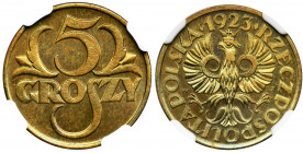 5 groszy 1923 Mosiądz - NGC MS66 - jak lustrzanka Wyśmienity egzemplarz. Druga najwyższa nota, ale tylko dwie sztuki oceniono wyżej w rejestrze NGC.&n...