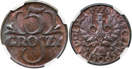 5 groszy 1928 - NGC MS66 BN Pokazowy egzemplarz z wyraźnym blaskiem. Piękna prezencja w odcieniach burgundu.&nbsp; Najwyższa nota w rejestrze NGC.

...