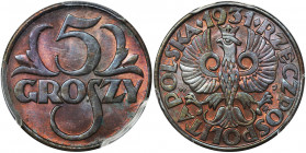 5 groszy 1931 - PCGS MS64 RB Piękna sztuka o znakomitej prezencji. Kolor czerwono-brązowy. Druga najwyższa nota w rejestrze NGC dla koloru RB, tylko d...