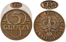 5 groszy 1934 - RARE Najrzadszy z jedenastu wybitych roczników.&nbsp; Dobrej jakości egzemplarz. Tło z elementami połysku.&nbsp; Detal dobry, pióra or...
