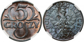 5 groszy 1937 - NGC MS66 BN Menniczy stan zachowania. Kolor brązowy. Druga najwyższa nota w rejestrze NGC, tylko jedna sztuka oceniona wyżej na MS66+....