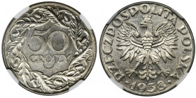 50 groszy 1938 - NGC MS62 - WZÓR, niklowane Pięknie zachowany wzór, niklowanej pięćdziesięciogroszówki. Podążając za 'Specjalizowanym katalogiem monet...