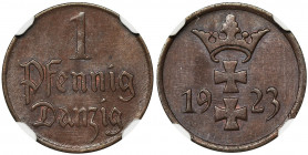 Wolne Miasto Gdańsk, 1 fenig 1923 - NGC MS66 BN Menniczy stan zachowania. Najwyższa nota w rejestrze NGC. Reference: Parchimowicz 53a
Grade: NGC MS66...
