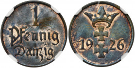 Free City of Danzig, 1 pfennig 1926 - NGC MS65 BN Menniczy egzemplarz z intensywnym połyskiem. Rzadszy rocznik. Kolor brązowy.&nbsp; Druga najwyższa n...