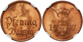 Free City of Danzig, 1 pfennig 1937 - NGC MS64 RD Menniczy egzemplarz z mocnym lustrem oraz w cenionej i pożądanej czerwonej odmianie kolorystycznej.&...