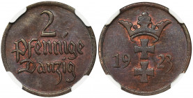 Free City of Danzig, 2 pfennig 1923 - NGC MS65 BN Wyśmienita, mennicza sztuka z przyjemnym połyskiem tła. Kolor brązowy. Druga najwyższa nota w rejest...