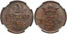 Free City of Danzig, 2 pfennig 1926 - NGC MS65 BN Mennicza sztuka. Kolor brązowy. Druga najwyższa nota w rejestrze NGC, tylko dwie sztuki oceniono wyż...