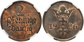 Free City of Danzig, 2 pfennig 1926 - NGC MS64 BN Menniczy stan zachowania.
Reference: Parchimowicz 54b
Grade: NGC MS64 BN 

Danzig Poland Polen D...