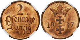 Free City of Danzig, 2 pfennige 1937 - NGC MS64 RB Menniczy egzemplarz z mocnym połyskiem, kolor czerwonobrązowy, ale ze zdecydowaną przewagą pięknej ...
