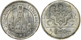 Free City of Danzig, 5 gulden 1923 - NGC MS61 Moneta o znakomitej prezencji.&nbsp; Menniczy detal i głęboki zegarowy połysk.&nbsp; Surowa ocena techni...