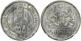 Free City of Danzig, 5 gulden 1927 - NGC MS60 - RARE Jedna z rzadszych monet Wolnego Miasta Gdańsk.&nbsp; Menniczy detal. Tło z wyraźnym lustrem. Atra...