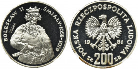 PRÓBA, 200 złotych 1981 Bolesław II Śmiały - NGC PF69 ULTRA CAMEO Moneta wybita stemplem lustrzanym z efektem 'Ultra Cameo'.
Reference: Parchimowicz ...