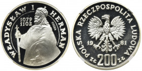 PRÓBA, 200 złotych 1981 Władysław I Herman - NGC PF69 ULTRA CAMEO Znakomity egzemplarz. Próbna moneta wybita stemplem lustrzanym.&nbsp; Wysoka nota gr...