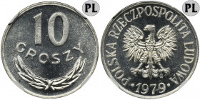 10 groszy 1979 - NGC MS66 PL - jak lustrzanka - Moneta z efektem lustrzanki.
 Najwyższa nota w rejestrze NGC. Reference: Parchimowicz 206s
Grade: NG...