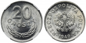 20 groszy 1949 Aluminium - NGC MS66 Menniczy egzemplarz pierwszego rocznika monet PRL, będącego najdłużej w obiegu. 
Reference: Parchimowicz 207b
Gr...
