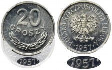 20 groszy 1957 - szeroka data - NGC MS66 - NAJRZADSZE Najrzadszy rocznik dwudziestogroszówki, w pięknym menniczym stanie zachowania Najrzadsza odmiana...