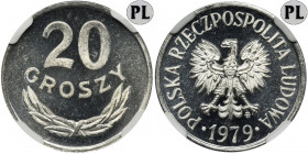 20 groszy 1979 - NGC MS65 PROOF LIKE - jak lustrzanka - Menniczy egzemplarz wybity wyjątkowo świeżym stemplem z pełnym efektem lustrzanki. Piękna mone...