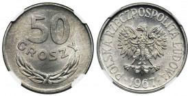 50 groszy 1967 - NGC MS66 Mennicza pięćdziesięciogroszówka w pięknym stanie zachowania. Druga najwyższa nota w rejestrze NGC. Niełatwa moneta w tak zn...