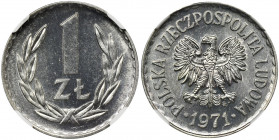 1 złoty 1971 - NGC MS66 &nbsp; Menniczy egzemplarz w znakomitym stanie zachowania. 
 
 
 
Reference: Parchimowicz 213h
Grade: NGC MS66 2-ga nota ...