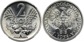 2 złote 1958 Jagody - NGC MS67 Bardzo rzadka w takim stanie zachowania dwuzłotówka z jagodami. Piękny, menniczy egzemplarz. Druga najwyższa nota w rej...
