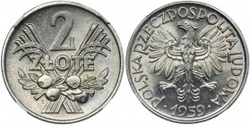 2 złote 1959 Jagody - NGC MS66 - najrzadszy rocznik Najrzadsza ze wszystkich dwuzłotówek PRL. Wyśmienity stan zachowania. 
 

Reference: Parchimowi...