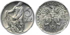 5 złotych 1958 Rybak - wąska ósemka - NGC AU58 Rzadka moneta z okresu PRL.&nbsp; Pierwszy rocznik o niskim nakładzie, który naturalnie zużył się w obi...