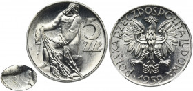 5 złotych 1959 Rybak - NGC MS66 - OBUSTRONNE SŁONECZKO - RZADKI Piękny, menniczy egzemplarz. Rzadki wariant z obustronnym słoneczkiem.&nbsp; Druga naj...