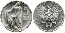 5 złotych 1960 Rybak - NGC MS67 - PIĘKNY Pięknie zachowane. Mocny menniczy blask. Naturalna smuga mennicza. Druga najwyższa nota w rejestrze NGC. Refe...