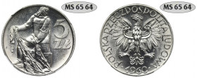 5 złotych 1960 Rybak - NGC MS 65 64 - błąd w nalepce Moneta z błędem w nalepce, z podwójną notą od NGC.&nbsp; Do bezpłatnego poprawienia przez NGC, ch...
