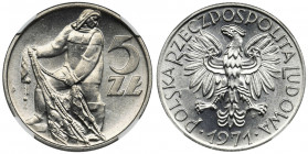 5 złotych 1971 Rybak - NGC MS67 - RZADSZY ROCZNIK Przepiękny, menniczy egzemplarz, drugiego najrzadszego rocznika piątki z Rybakiem. Moneta z najwyższ...