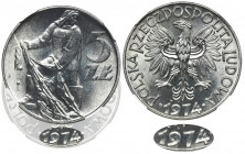 5 złotych 1974 Rybak - NGC MS67 - płaska data Rzadszy wariant ze spłaszczoną datą. Druga najwyższa nota w rejestrze NGC.
Reference: Parchimowicz 220f...