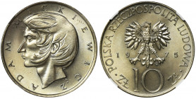 10 złotych 1975 Adam Mickiewicz - NGC MS67 Fenomenalnie zachowana moneta.&nbsp; W rejestrze NGC, tylko jeden egzemplarz oceniony wyżej.
Reference: Pa...