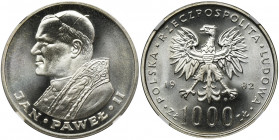 1.000 złotych 1982 Jan Paweł II - NGC MS68 Powszechna moneta, ale w oferowanej kondycji, niełatwo do nabycia. Znakomita, druga najwyższa nota w rejest...