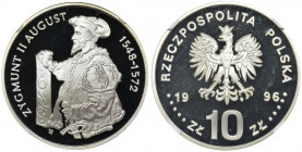 10 złotych 1996, Zygmunt II August, Półpostać - NGC PF68 ULTRA CAMEO - RZADKA Piękna moneta wybita stemplem lustrzanym. Rzadka i poszukiwana. Nakład 5...