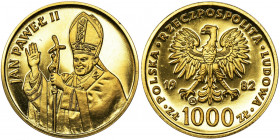 1.000 zloty 1982, John Paul II Nakład 1.700 sztuk. Moneta wybita stemplem lustrzanym, złoto próby '900'. Drobne ryski w tle. Złoto 3.42g. Reference: P...