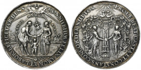 Ladislaus IV Vasa, Wedding medal Medal zaślubinowy wybity w Gdańsku, sygnowany IH Jan Höhn.
 Awers: Młoda para opromieniona promieniami słońca podaje...