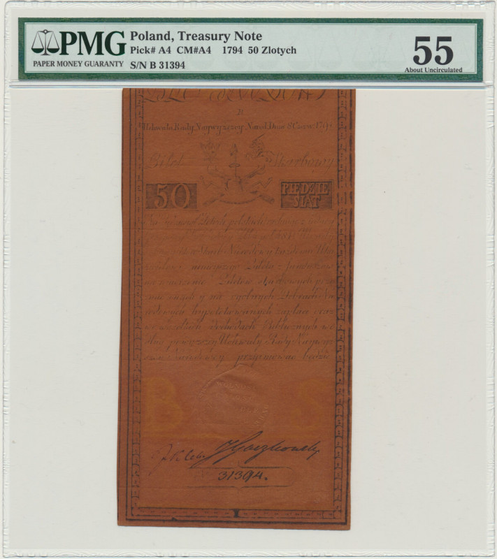50 złotych 1794 - B - PMG 55 - PIĘKNA Egzemplarz wydrukowany na grubym papierze,...