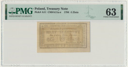 4 złote 1794 (1)(E) - PMG 63 Naturalny stan zachowania.&nbsp; Przyjemny kontrastowy druk. Wysoka ocena od PMG. Reference: Miłczak A11a
Grade: PMG 63 ...