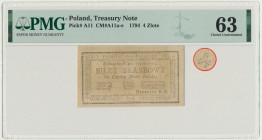 4 złote 1794 (1)(K) - PMG 63 - odwrócony nawias Rzadszy wariant z odwróconym nawiasem w prawym, górnym rogu.&nbsp; Naturalny, nieobiegowy stan zachowa...
