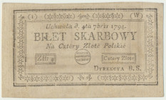 4 złote 1794 (1)(W) Odmiana pierwszej serii.&nbsp; Bez ugięć i złamań przez pole. Złamany koniuszek prawego, dolnego narożnika.&nbsp; Powierzchnia pap...