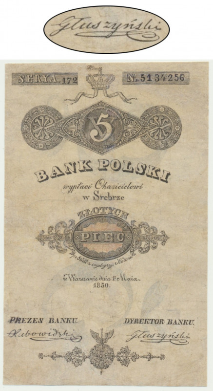 5 złotych 1830 - Serya 172 - podpis Głuszyński - RZADKI Ceniony, rzadki i poszuk...