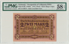 Kowno, 2 mark 1918 - PMG 58 EPQ - RARE Typologicznie najrzadszy nominał emisji Kowno. Banknot jednokrotnie złamany w pionie.&nbsp; Egzemplarz z mocno ...